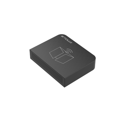 Black electronic device with a brand logo on a white background