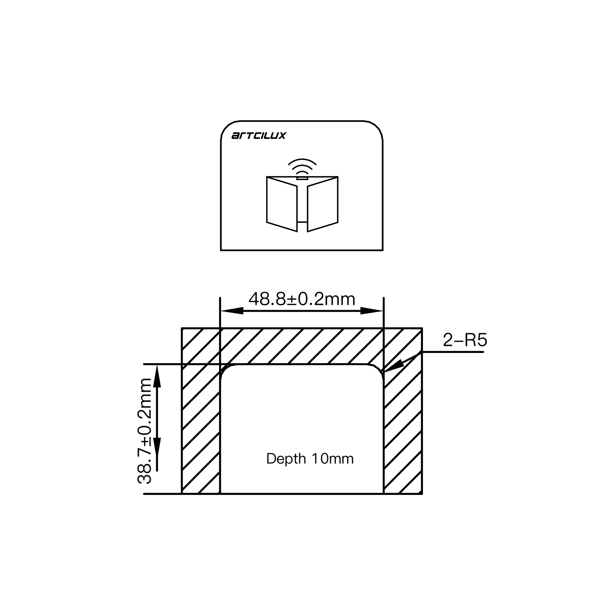 Technical drawing of a rectangular component with dimensions and Artelux branding.